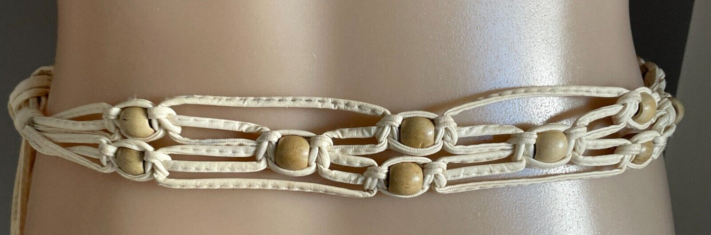 Ladies Belt Pleather Woven BOHO Off White  Knot Tie Bead Trim Fit Size 8 - 14