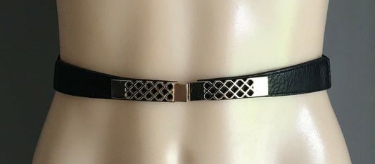 Ladies Belt Elastic 2.5cm BLACK THIN w PU Trim & Gold Clasp Buckle Size 8 10