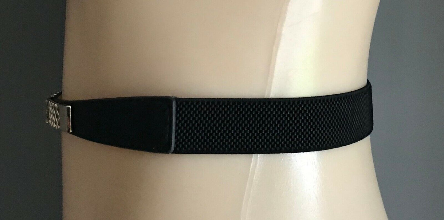 Ladies Belt Elastic 2.5cm BLACK THIN w PU Trim & Gold Clasp Buckle Size 8 10