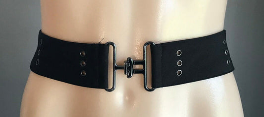 Ladies Belt Fabric BLACK w Pewter Metal Eyelet & Double Clasp Closure Hips 88cm