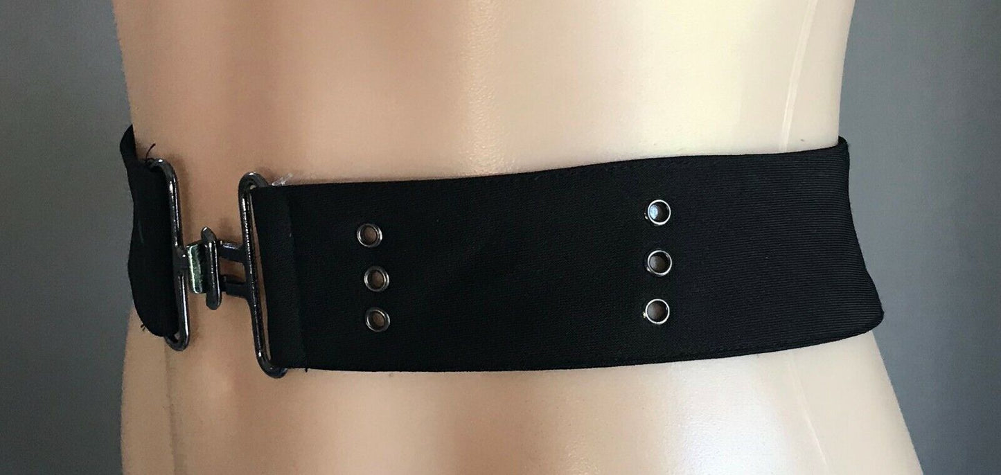 Ladies Belt Fabric BLACK w Pewter Metal Eyelet & Double Clasp Closure Hips 88cm