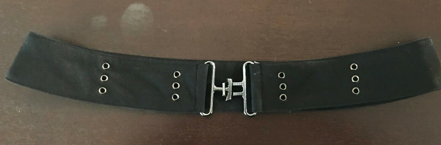 Ladies Belt Fabric BLACK w Pewter Metal Eyelet & Double Clasp Closure Hips 88cm