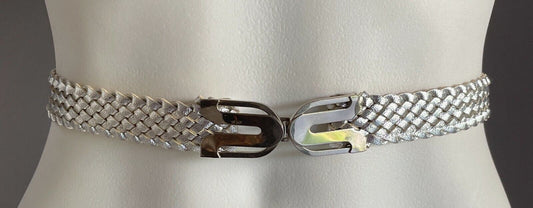 Ladies Belt Pleather 2cm Silver Woven To Fit Waist 64cm