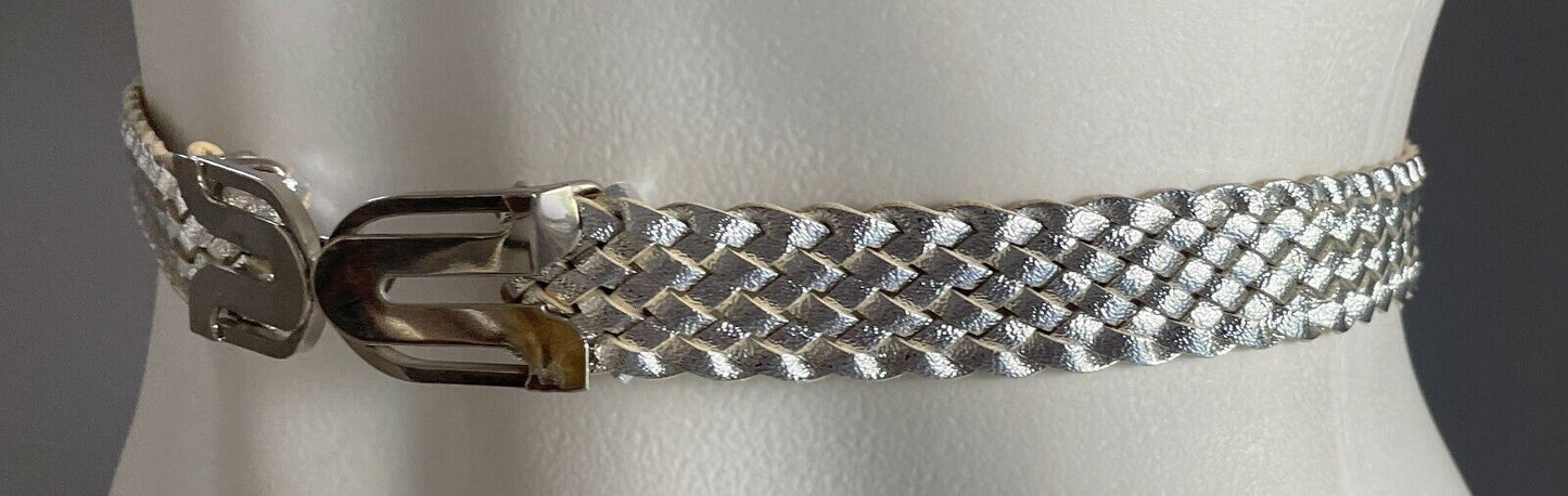 Ladies Belt Pleather 2cm Silver Woven To Fit Waist 64cm