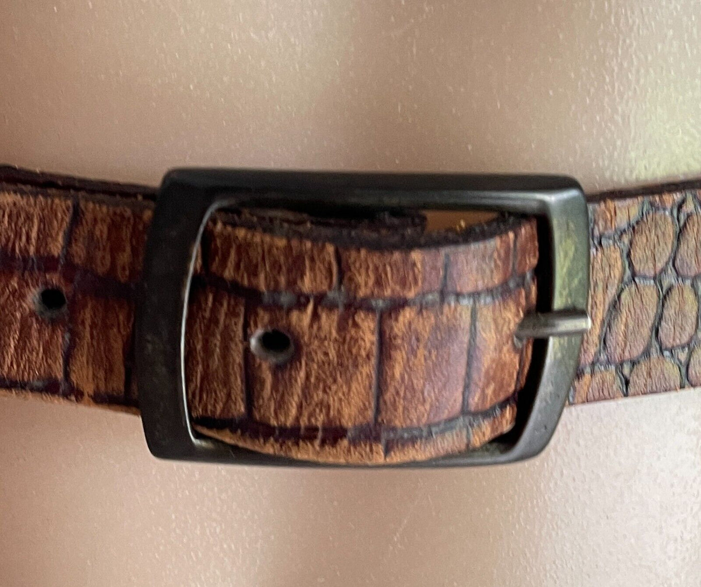 Ladies LEATHER Belt 2cm Tan Croc Print Bronze Tone Buckle Size 30 Waist 72 -82cm