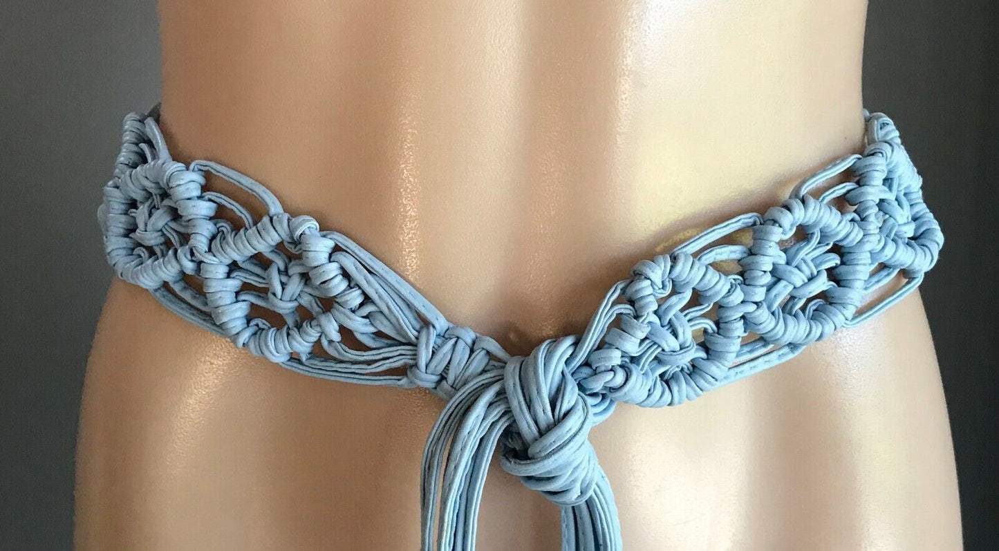 Wide BOHO Belt Pleather Woven Light Blue Knot Tie 5cm To Fit Ladies  Size 8 - 14