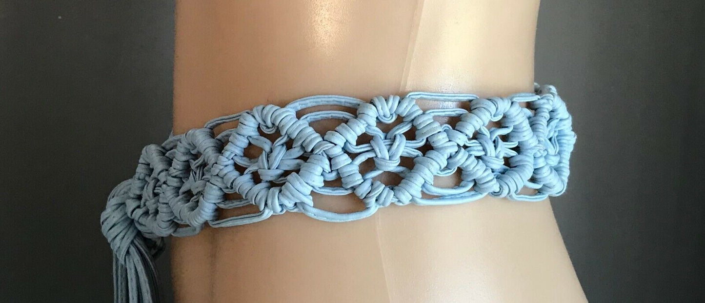 Wide BOHO Belt Pleather Woven Light Blue Knot Tie 5cm To Fit Ladies  Size 8 - 14