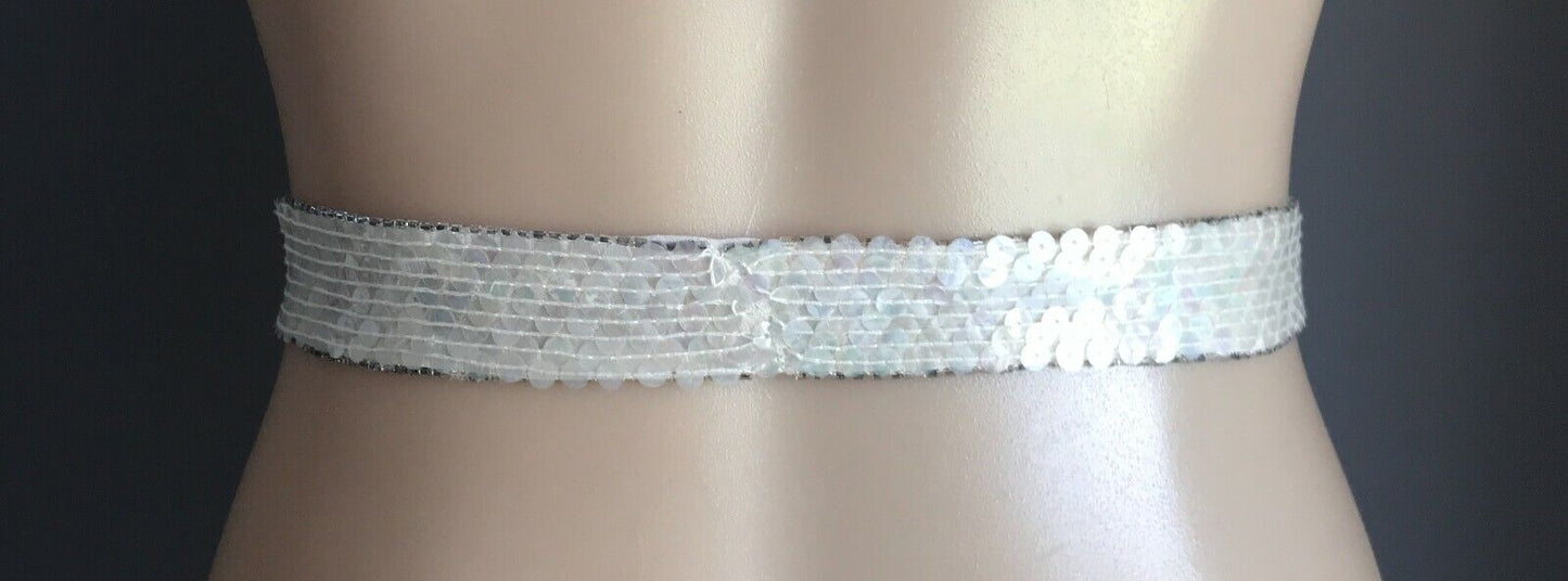 Ladies Sash Waist Tie 4cm Pearl White Waist Clear Sequin Silver Bead Belt Fabric