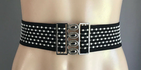 Ladies Belt Elastic 5.5cm POLKA DOT Silver Clasp Buckle Black White Size 8 10
