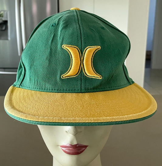 Vtg HURLEY Embroidered Logo Green & Gold Flexfit SweatBand Hat YUPOONG Flat Bill