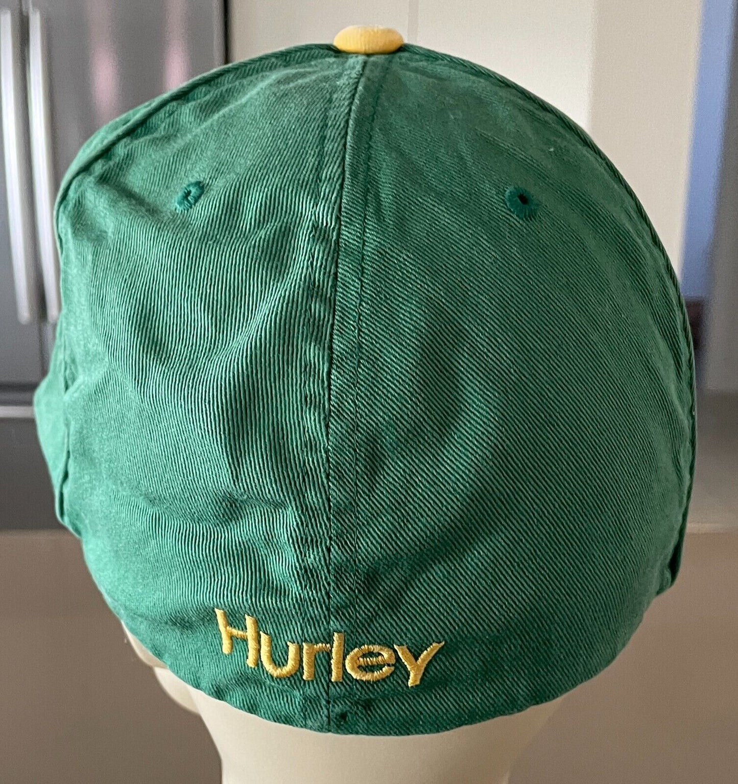 Vtg HURLEY Embroidered Logo Green & Gold Flexfit SweatBand Hat YUPOONG Flat Bill