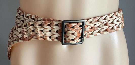 Ladies LEATHER Belt 3cm Tan & Cream Woven Sand Blasted Look One Size