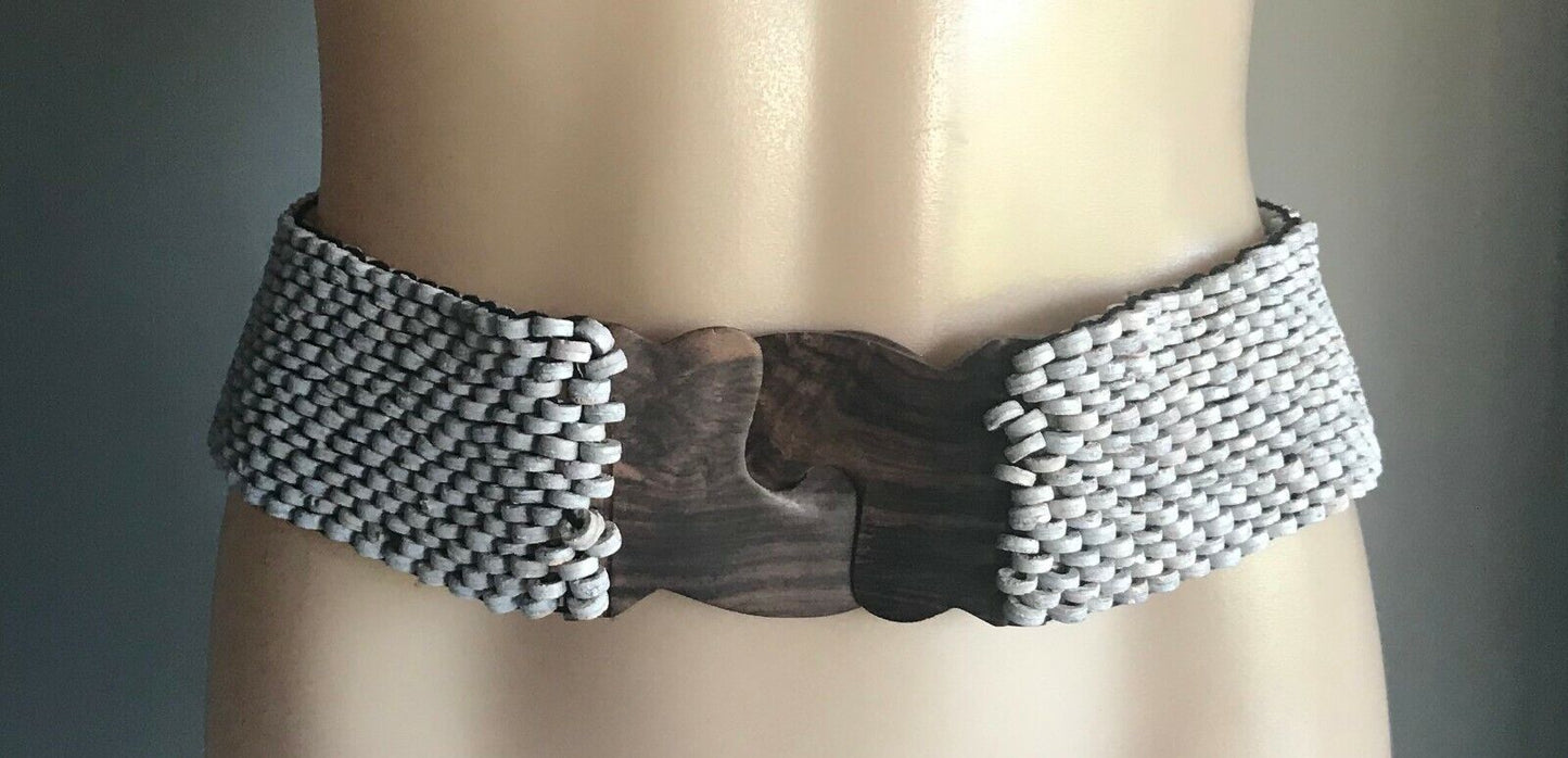Ladies Belt Elastic 6.5cm Shell Bead Grey Blue Peach Interlock Wood Clasp Sz 16