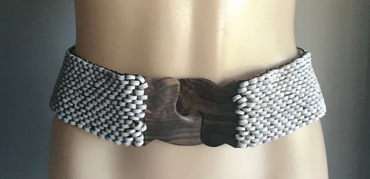 Ladies Belt Elastic 6.5cm Shell Bead Grey Blue Peach Interlock Wood Clasp Sz 16