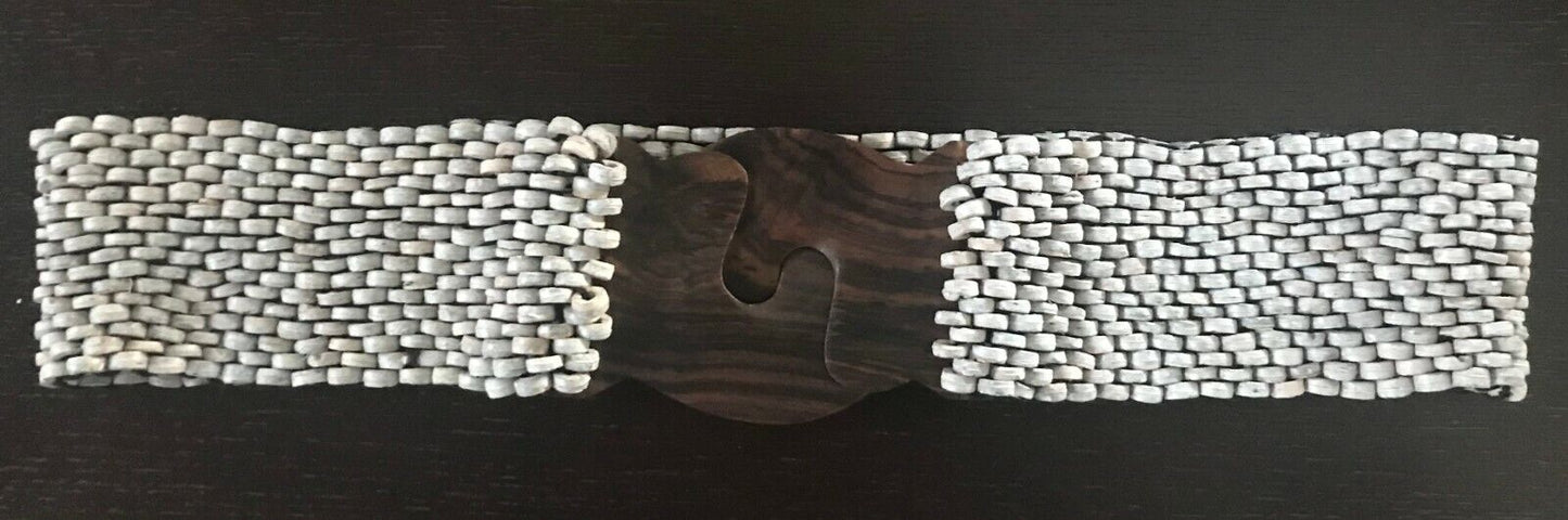 Ladies Belt Elastic 6.5cm Shell Bead Grey Blue Peach Interlock Wood Clasp Sz 16