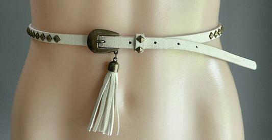 Ladies Belt Pleather Off White Bronze Stud Trim Tassel To Fit Waist 69 - 79cm