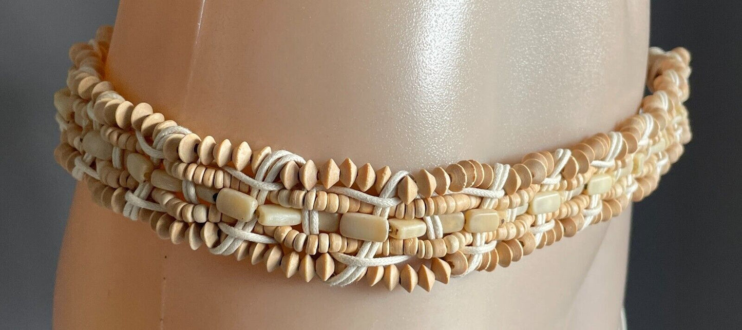 BOHO Woven Belt Off White Cord & Wood Bead Fit Ladies Size 8 14 PlaIted Braided