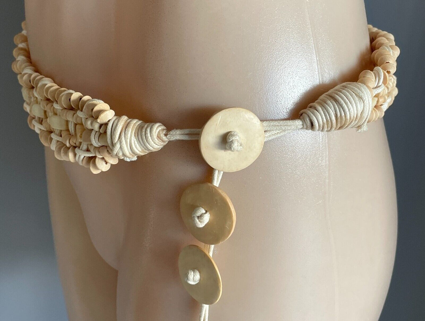 BOHO Woven Belt Off White Cord & Wood Bead Fit Ladies Size 8 14 PlaIted Braided