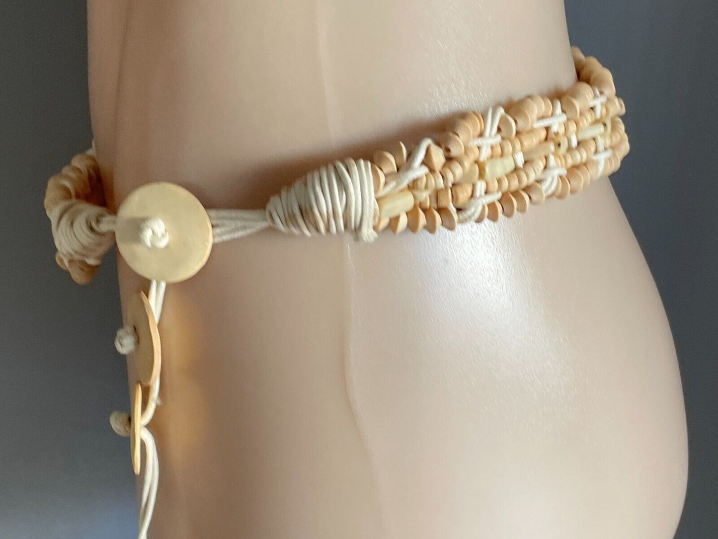 BOHO Woven Belt Off White Cord & Wood Bead Fit Ladies Size 8 14 PlaIted Braided