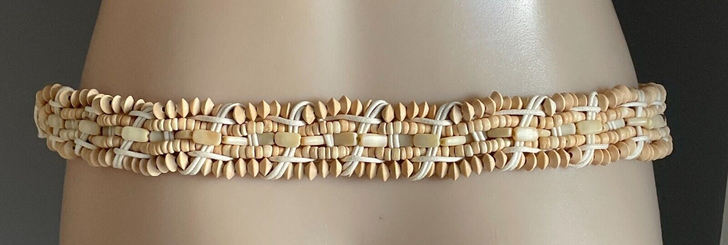BOHO Woven Belt Off White Cord & Wood Bead Fit Ladies Size 8 14 PlaIted Braided