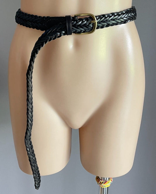 LEATHER Belt 2.5cm Black Woven Gold Tone Buckle Ladies Total Length 116cm