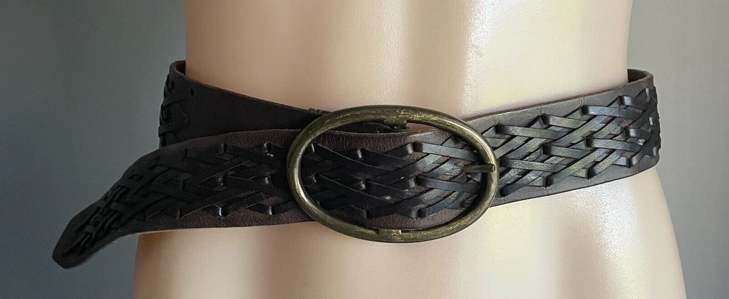 LEATHER Belt 4.8cm Brown w Woven Trim Fashion Ladies Size 10 - 14