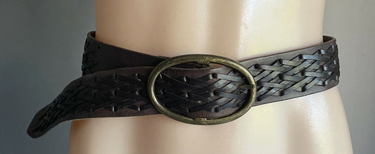 LEATHER Belt 4.8cm Brown w Woven Trim Fashion Ladies Size 10 - 14