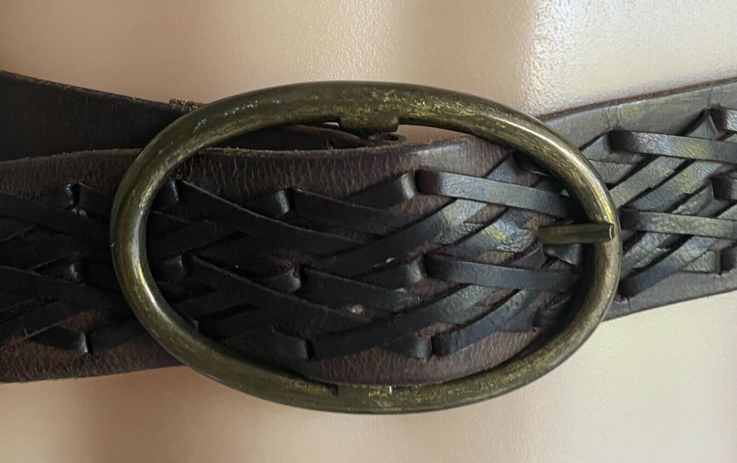 LEATHER Belt 4.8cm Brown w Woven Trim Fashion Ladies Size 10 - 14