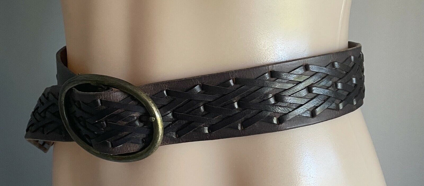 LEATHER Belt 4.8cm Brown w Woven Trim Fashion Ladies Size 10 - 14