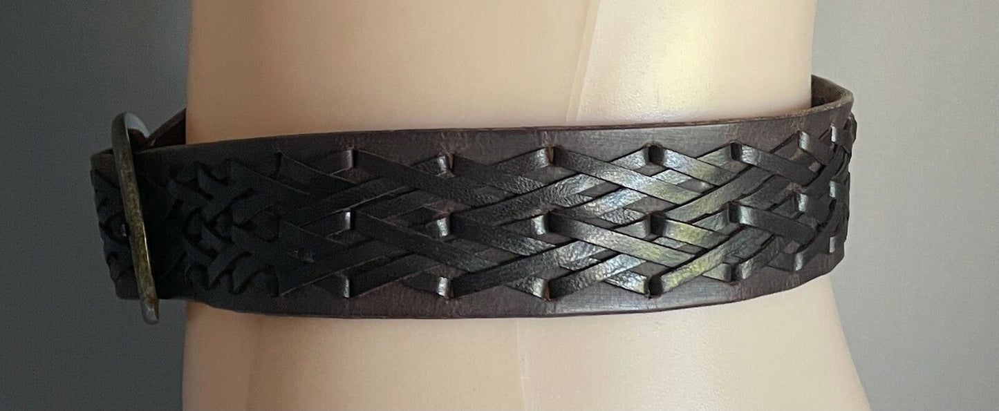LEATHER Belt 4.8cm Brown w Woven Trim Fashion Ladies Size 10 - 14