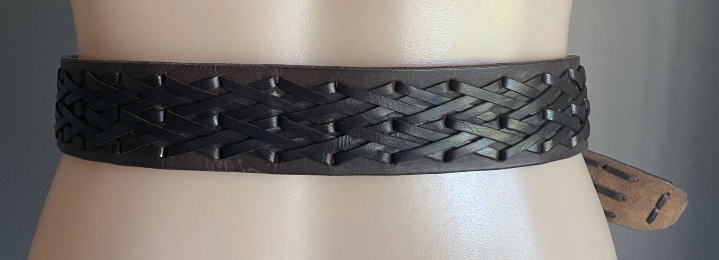 LEATHER Belt 4.8cm Brown w Woven Trim Fashion Ladies Size 10 - 14