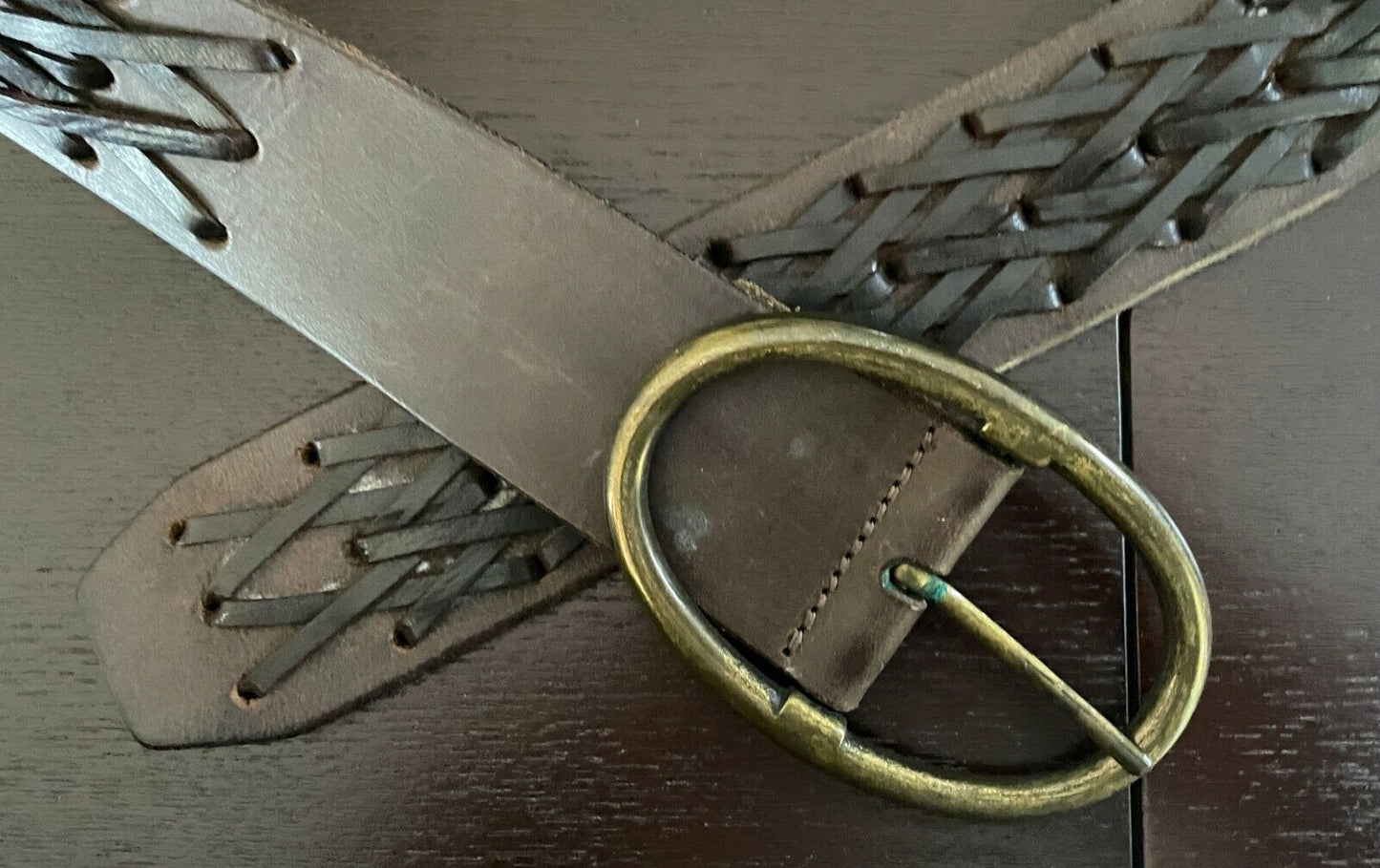 LEATHER Belt 4.8cm Brown w Woven Trim Fashion Ladies Size 10 - 14
