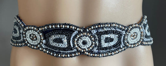 Ladies Beaded & Sequins Belt Fabric Blue White Beige Embellished Tie Sash