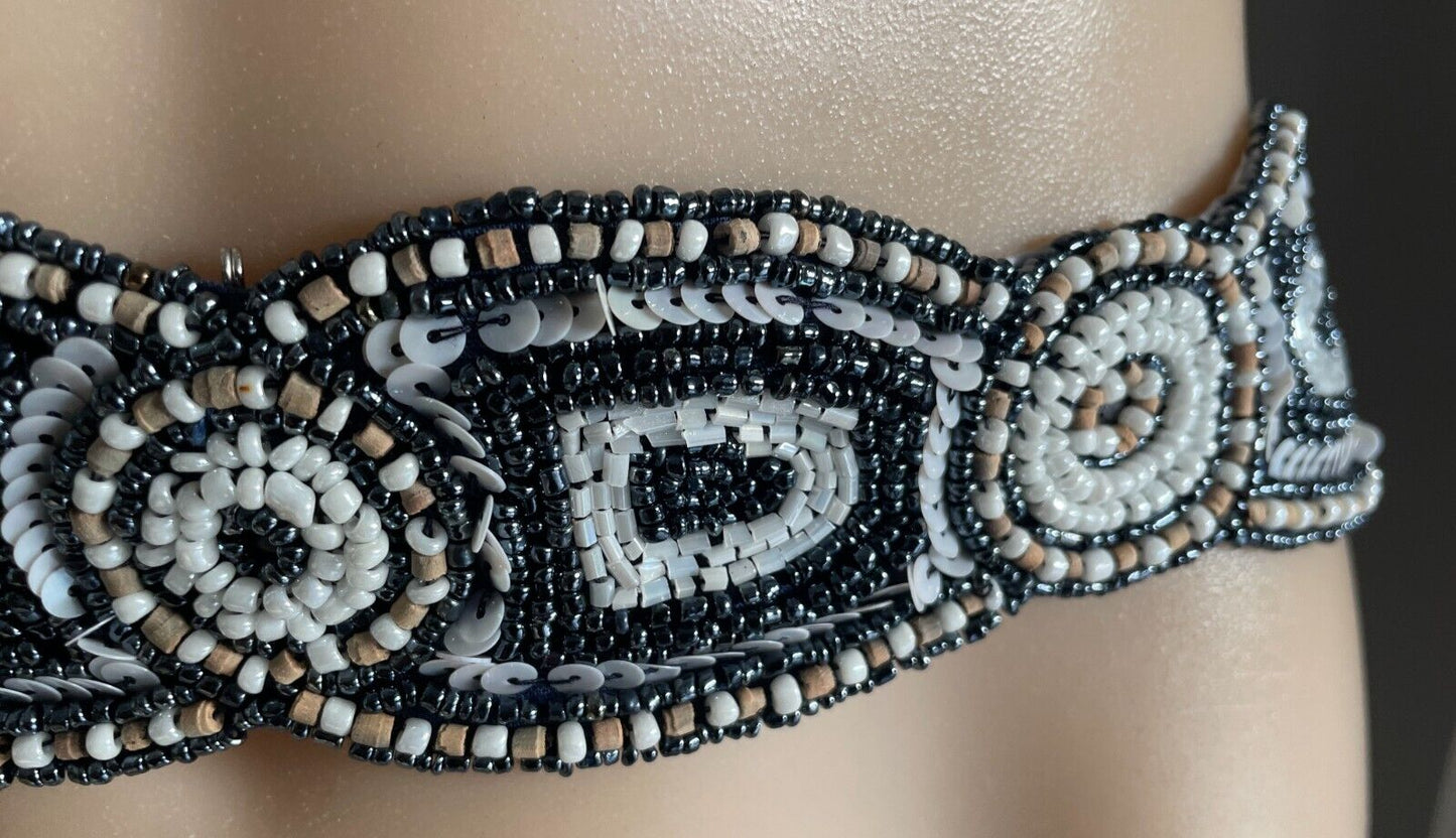 Ladies Beaded & Sequins Belt Fabric Blue White Beige Embellished Tie Sash