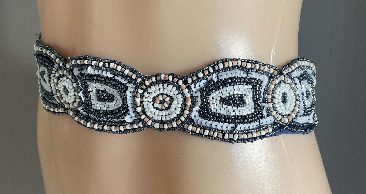 Ladies Beaded & Sequins Belt Fabric Blue White Beige Embellished Tie Sash