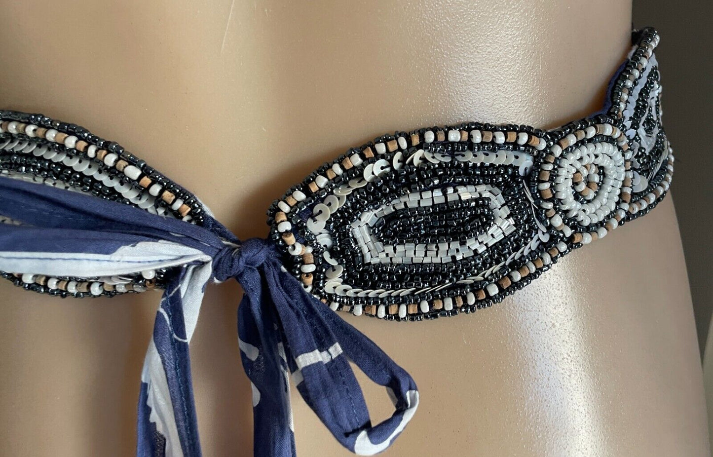 Ladies Beaded & Sequins Belt Fabric Blue White Beige Embellished Tie Sash