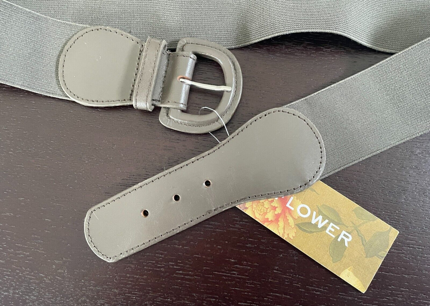 Ladies Belt FLOWER Khaki Elasticised PU Trim Size M L 5cm Wide x 82cm Long NEW
