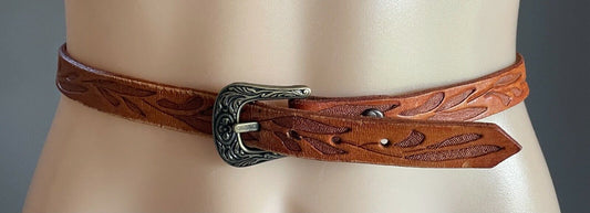 Ladies LEATHER Belt 2cm Tan Handtooled Etched Floral Pattern Sz 12 16
