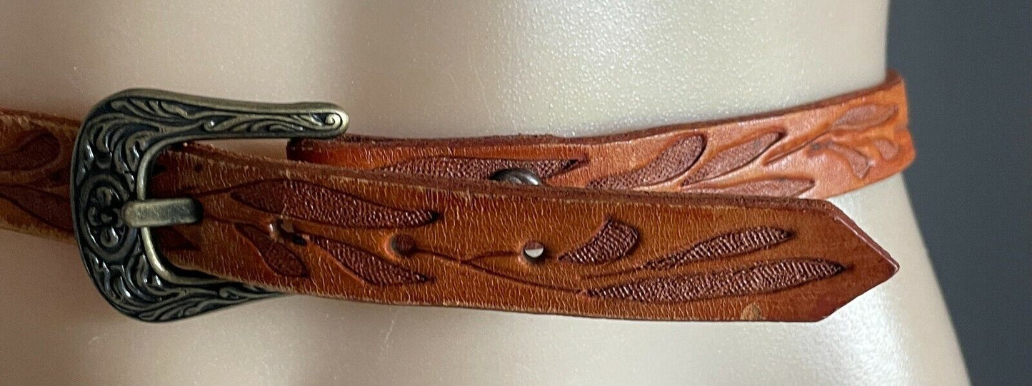 Ladies LEATHER Belt 2cm Tan Handtooled Etched Floral Pattern Sz 12 16