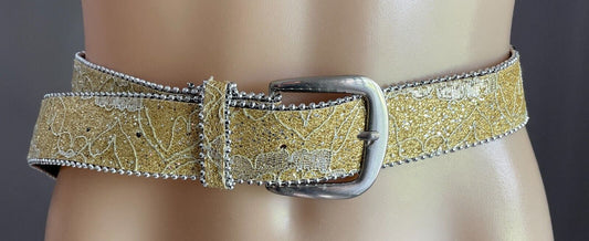 Ladies Belt Gold Glitter Lace Silver Tone Round Bead Trim Fit Waist 88 - 111cm