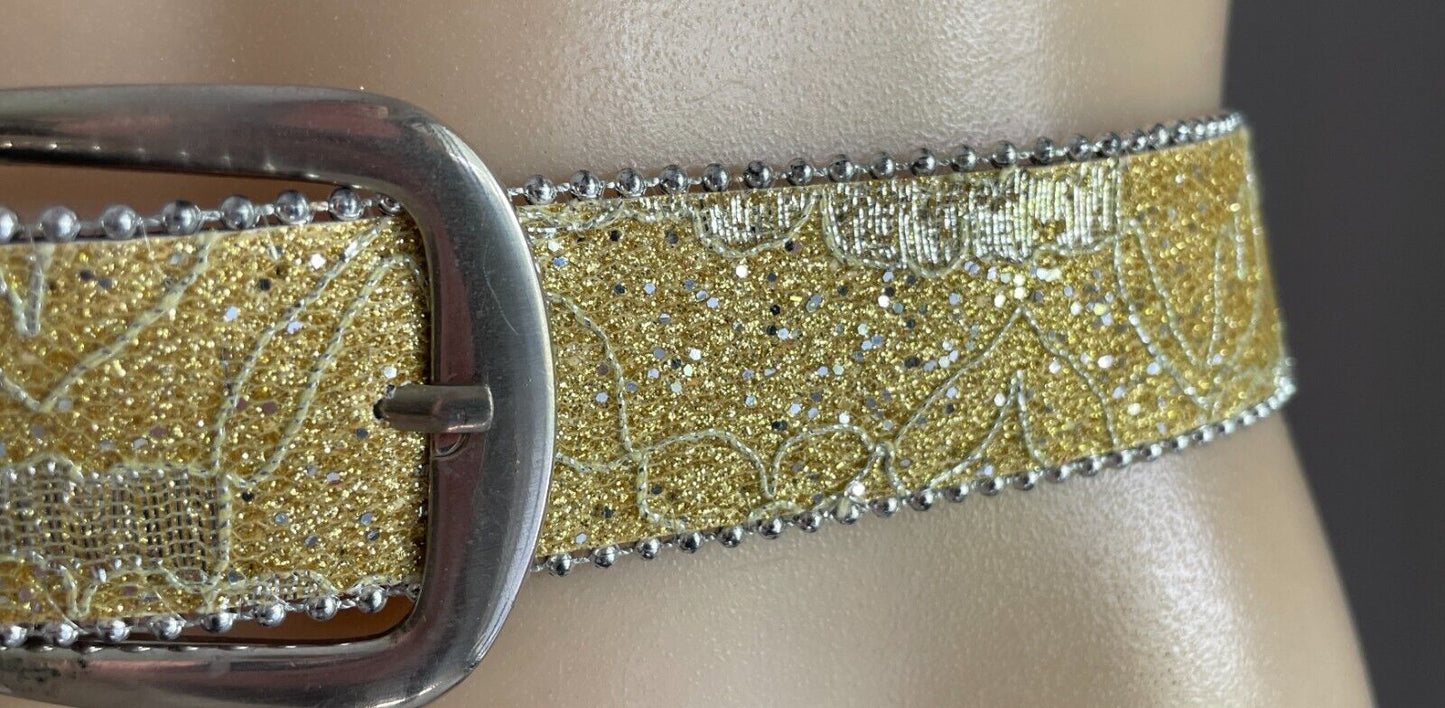 Ladies Belt Gold Glitter Lace Silver Tone Round Bead Trim Fit Waist 88 - 111cm