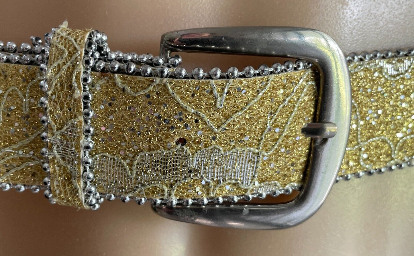 Ladies Belt Gold Glitter Lace Silver Tone Round Bead Trim Fit Waist 88 - 111cm