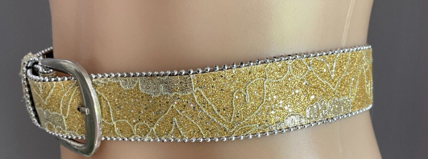 Ladies Belt Gold Glitter Lace Silver Tone Round Bead Trim Fit Waist 88 - 111cm