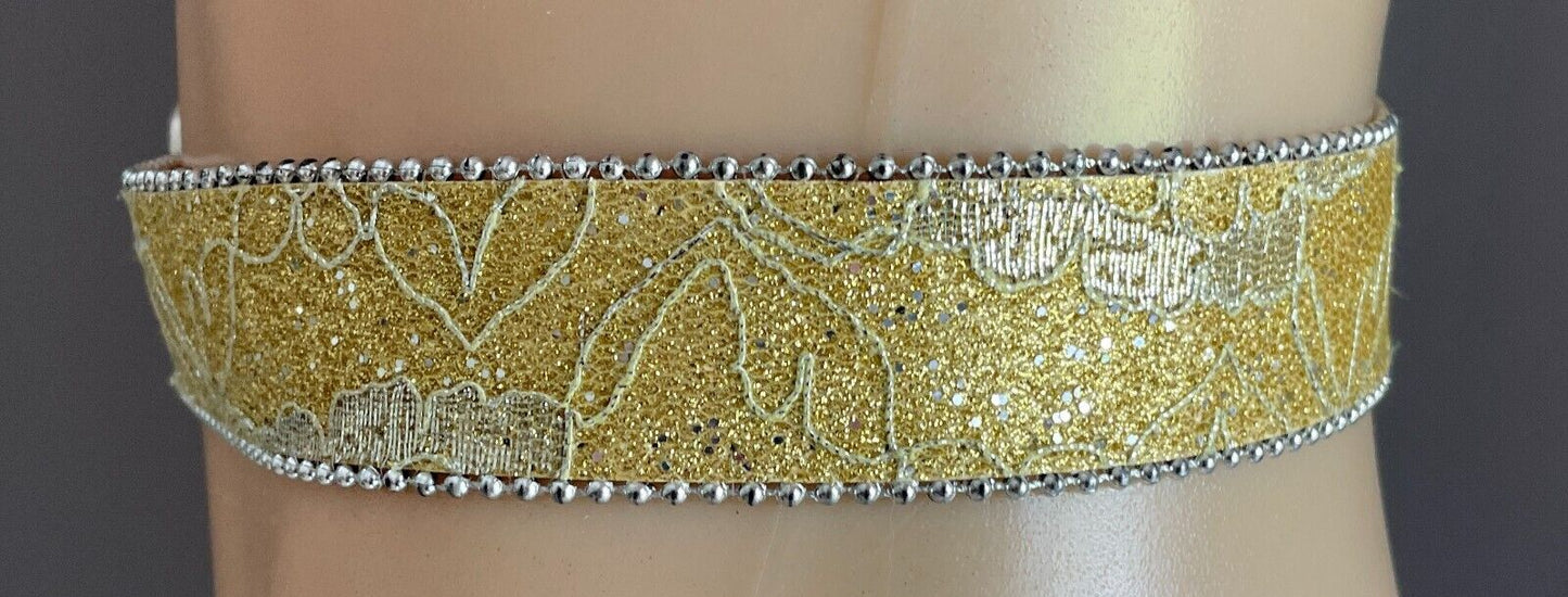 Ladies Belt Gold Glitter Lace Silver Tone Round Bead Trim Fit Waist 88 - 111cm