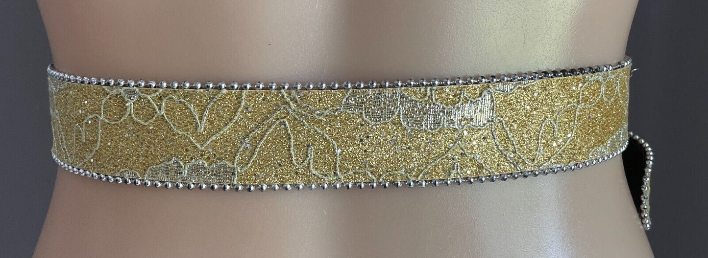 Ladies Belt Gold Glitter Lace Silver Tone Round Bead Trim Fit Waist 88 - 111cm