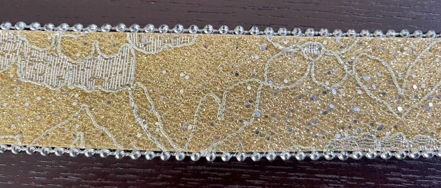 Ladies Belt Gold Glitter Lace Silver Tone Round Bead Trim Fit Waist 88 - 111cm