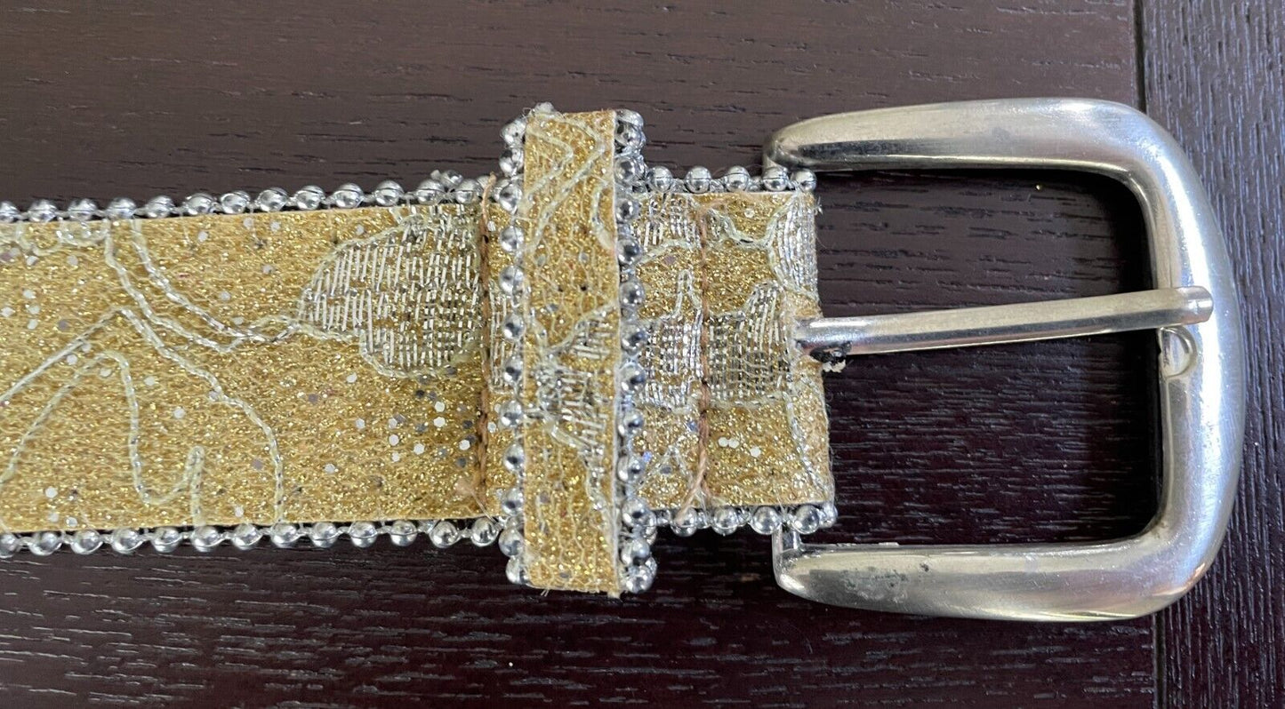 Ladies Belt Gold Glitter Lace Silver Tone Round Bead Trim Fit Waist 88 - 111cm