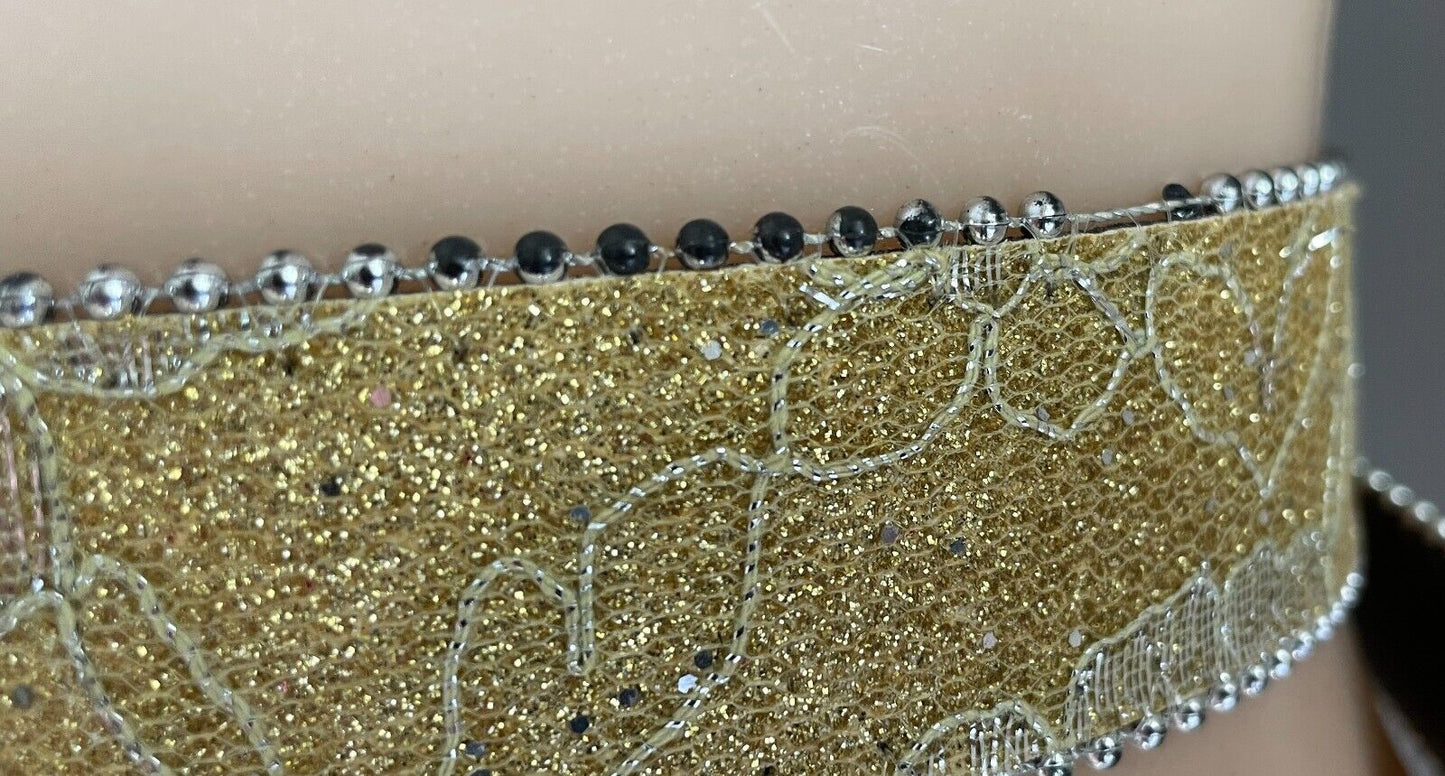 Ladies Belt Gold Glitter Lace Silver Tone Round Bead Trim Fit Waist 88 - 111cm