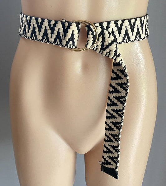 Ladies Belt KOOKAI Black & Off White Cotton Zig Zag Print D-Ring 100.5cm Long 10