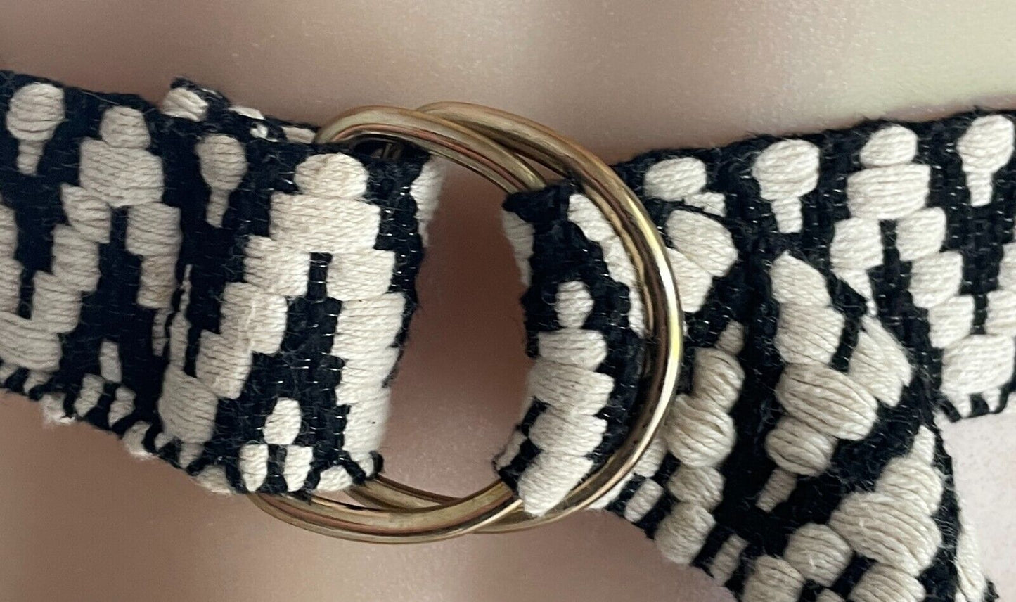 Ladies Belt KOOKAI Black & Off White Cotton Zig Zag Print D-Ring 100.5cm Long 10